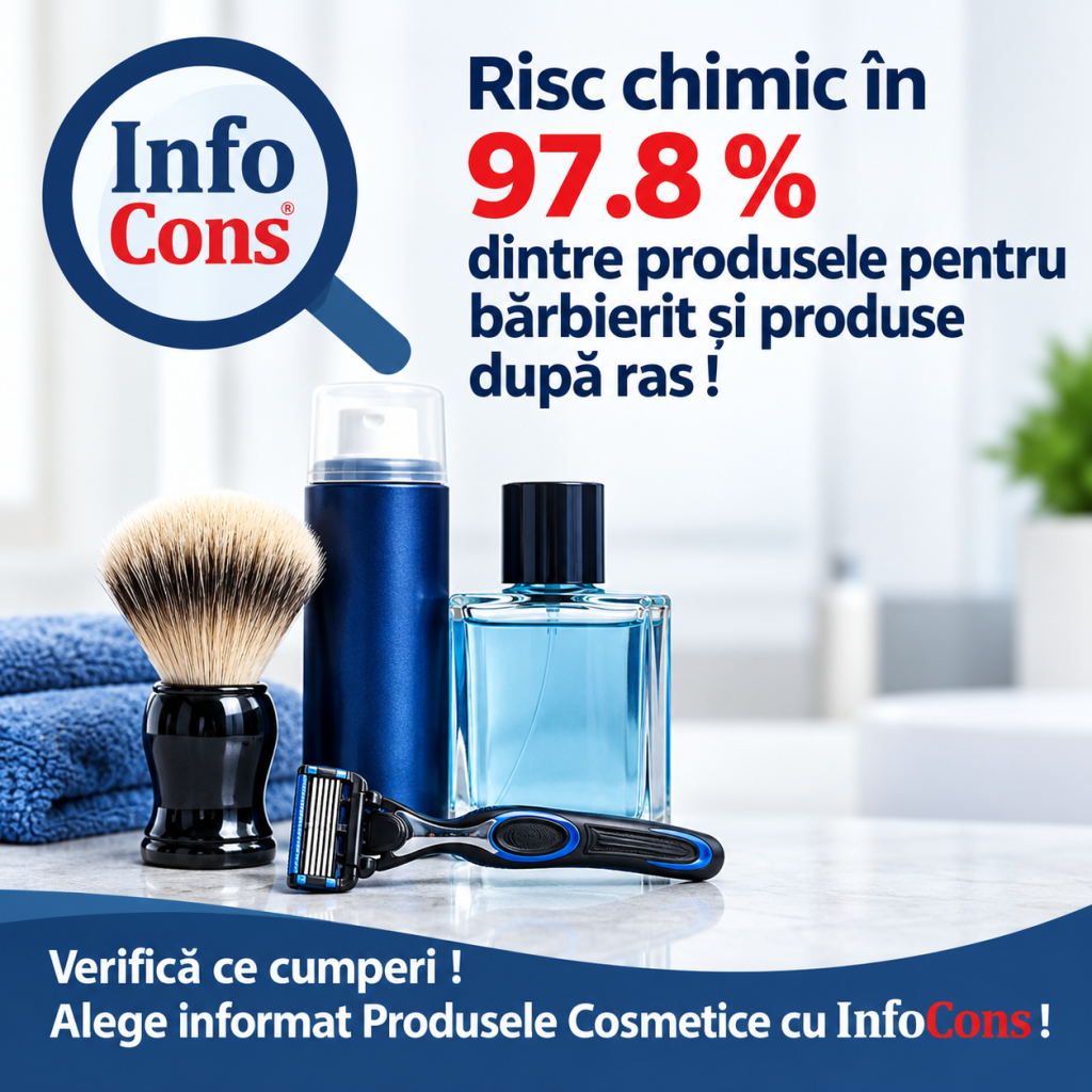Risc chimic &icirc;n 97.8 % dintre produsele pentru bărbierit și produse după ras ! Verifică ce cumperi ! Alege informat Produsele Cosmetice cu InfoCons !
