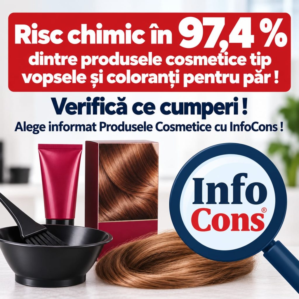 Risc chimic &icirc;n 97,4 % dintre produsele cosmetice tip vopsele și coloranți pentru păr ! Verifică ce cumperi ! Alege informat Produsele Cosmetice cu InfoCons !