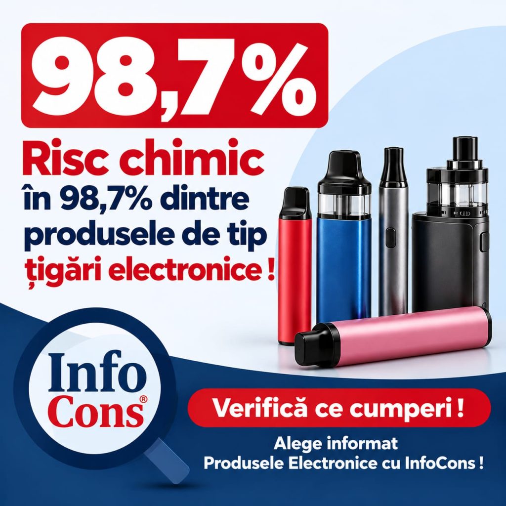 Risc chimic în 98,7% dintre produsele de tip țigări electronice ! Verifică ce cumperi ! Alege informat Produsele Electronice cu InfoCons !