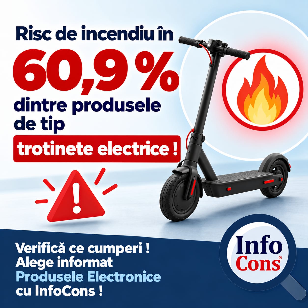 Risc de incendiu în 60,9 % dintre produsele de tip trotinete electrice ! Verifică ce cumperi ! Alege informat Produsele Electronice cu InfoCons !