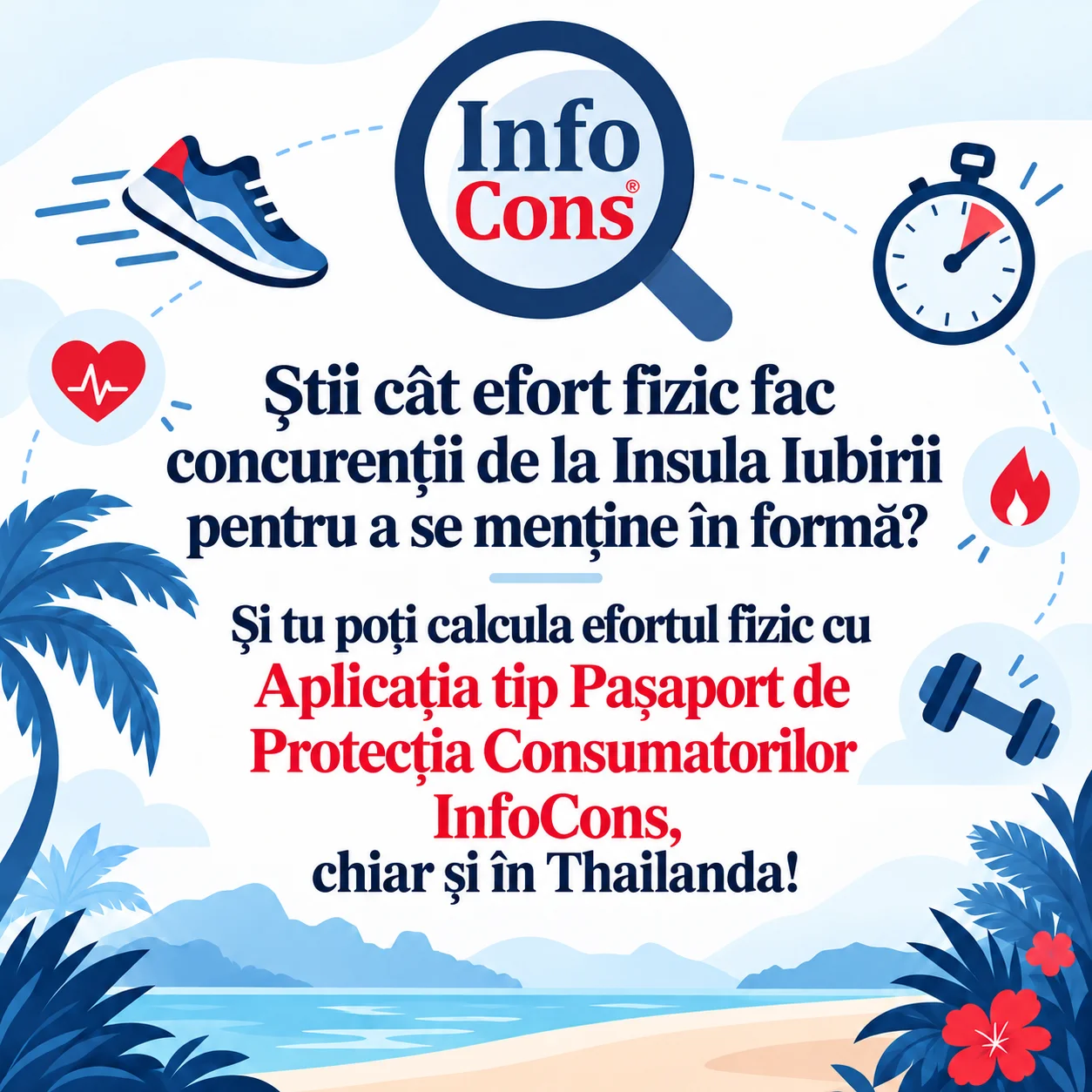 Știi cât efort fizic fac concurenții de la Insula Iubirii pentru a se menține în formă Și tu poți calcula efortul fizic cu Aplicația de Protecția Consumatorilor InfoCons , chiar și în Thailanda !