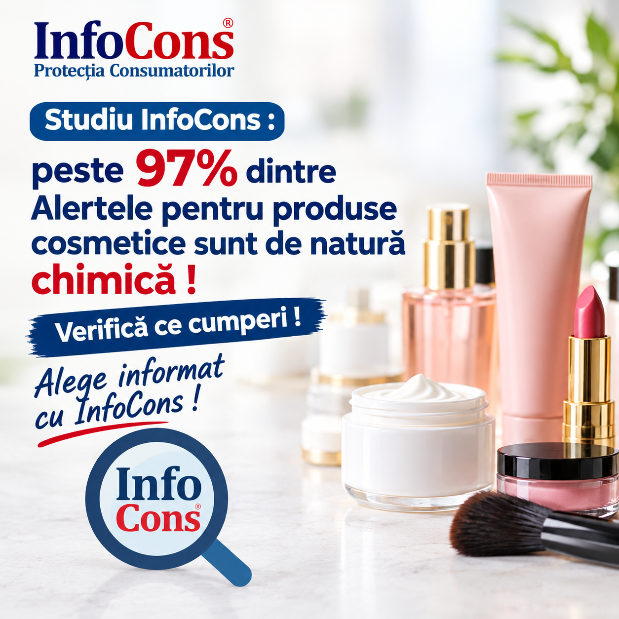 Studiu InfoCons : peste 97% dintre Alertele pentru produse cosmetice sunt de natură chimică ! Verifică ce cumperi ! Alege informat cu InfoCons !