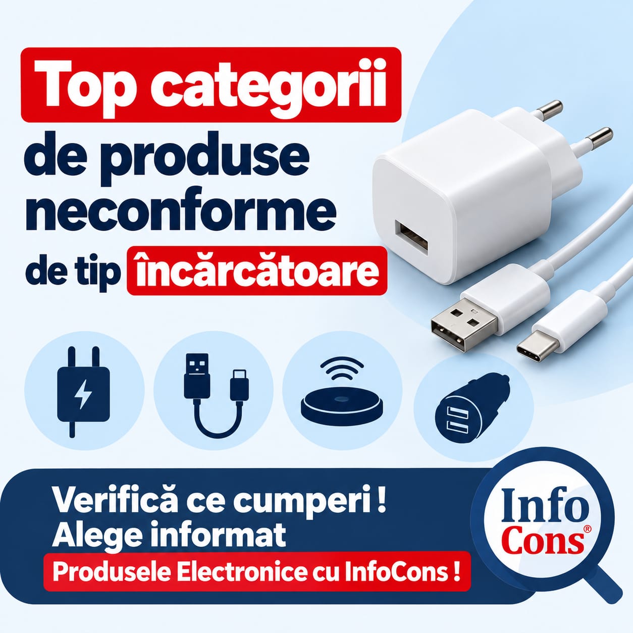 Top categorii de produse neconforme de tip încărcătoare – Verifică ce cumperi ! Alege informat Produsele Electronice cu InfoCons !