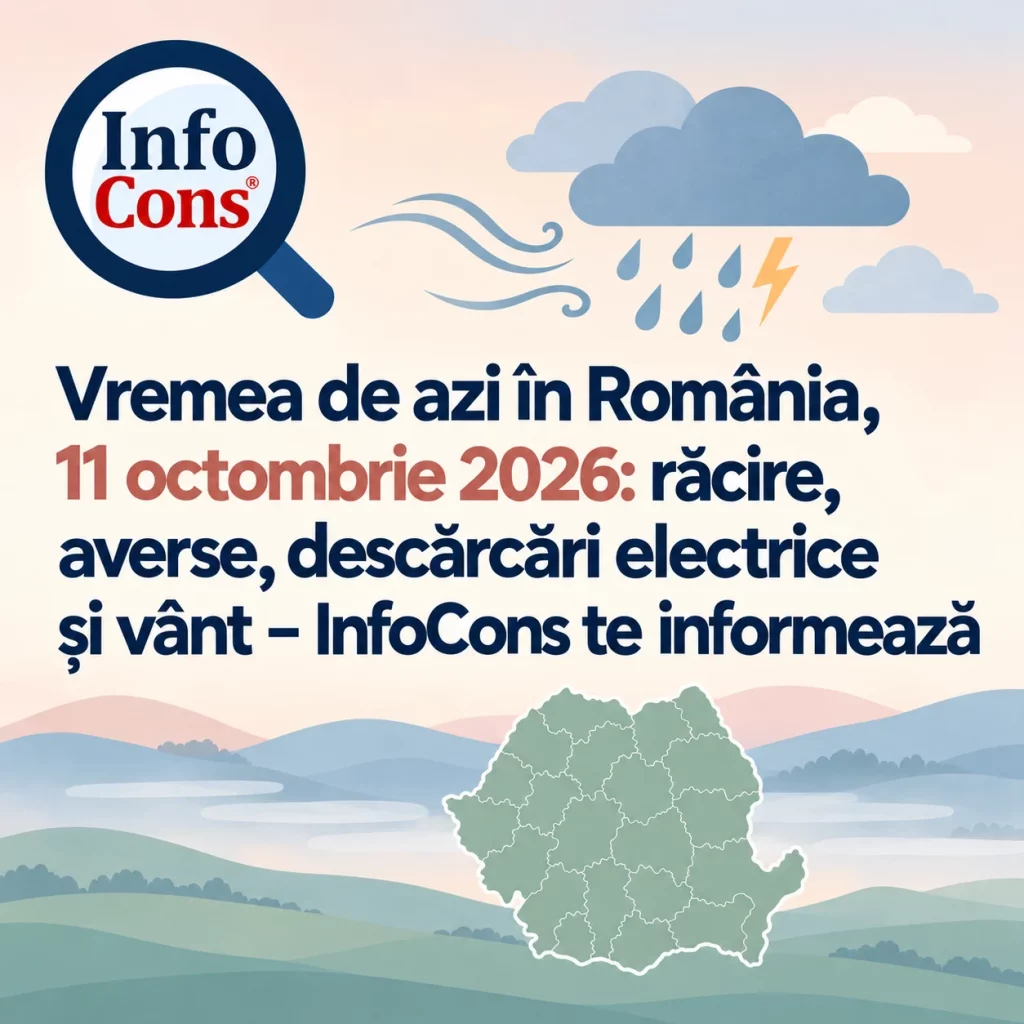 Vremea de azi &icirc;n Rom&acirc;nia , 11 octombrie 2026 : răcire, averse, descărcări electrice și v&acirc;nt &ndash; InfoCons te informează