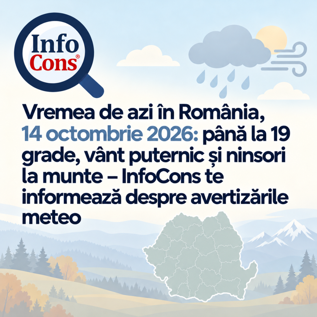 Vremea de azi &icirc;n Rom&acirc;nia , 14 octombrie 2026 p&acirc;nă la 19 grade, v&acirc;nt puternic și ninsori la munte &ndash; InfoCons te informează despre avertizările meteo