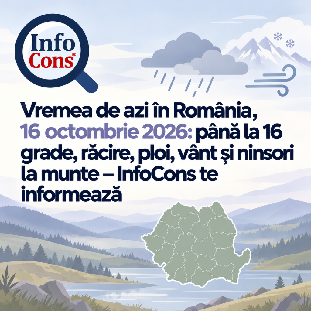 Vremea de azi &icirc;n Rom&acirc;nia , 16 octombrie 2026 : p&acirc;nă la 16 grade, răcire, ploi, v&acirc;nt și ninsori la munte &ndash; InfoCons te informează