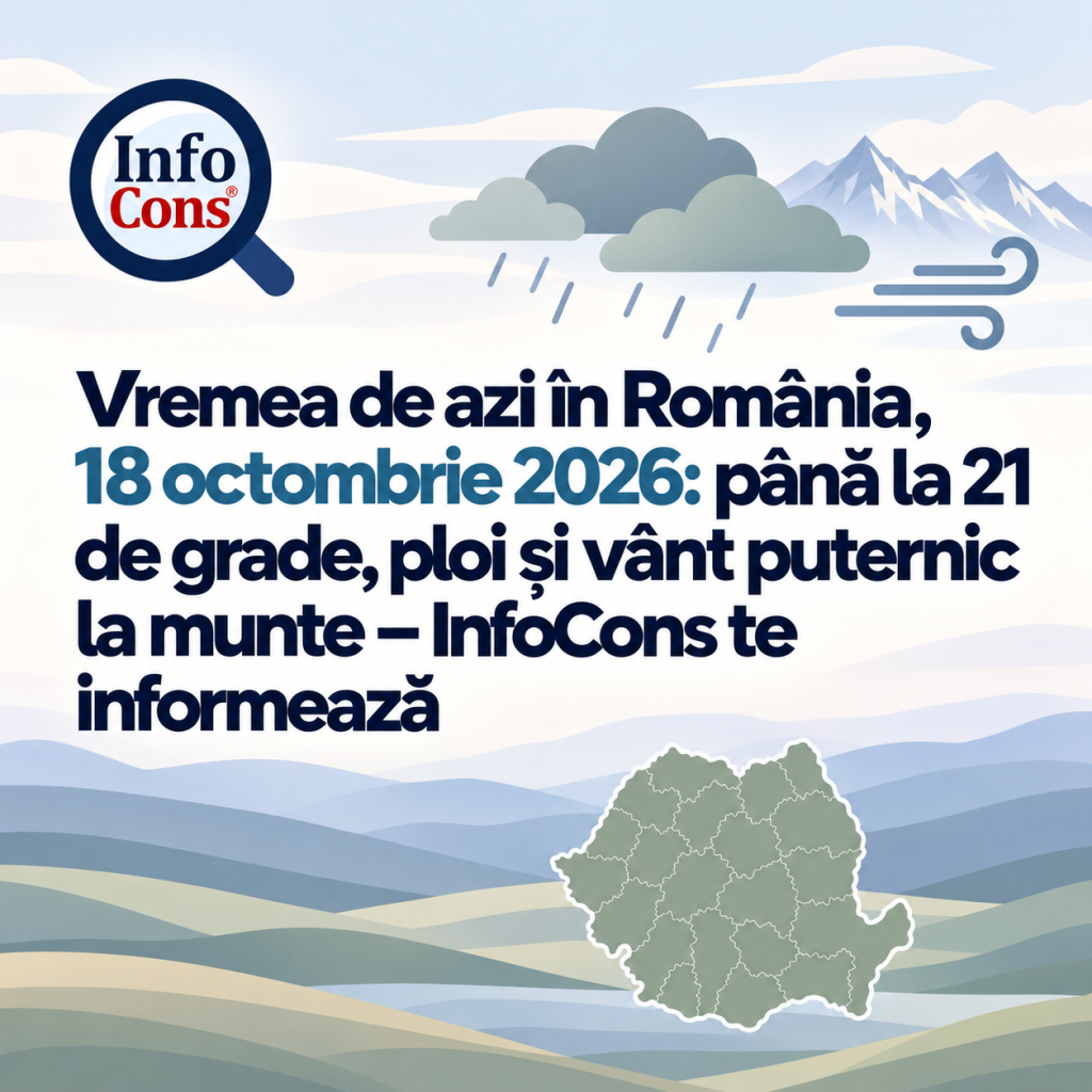 Vremea de azi &icirc;n Rom&acirc;nia , 18 octombrie 2026 : p&acirc;nă la 21 de grade, ploi și v&acirc;nt puternic la munte &ndash; InfoCons te informează