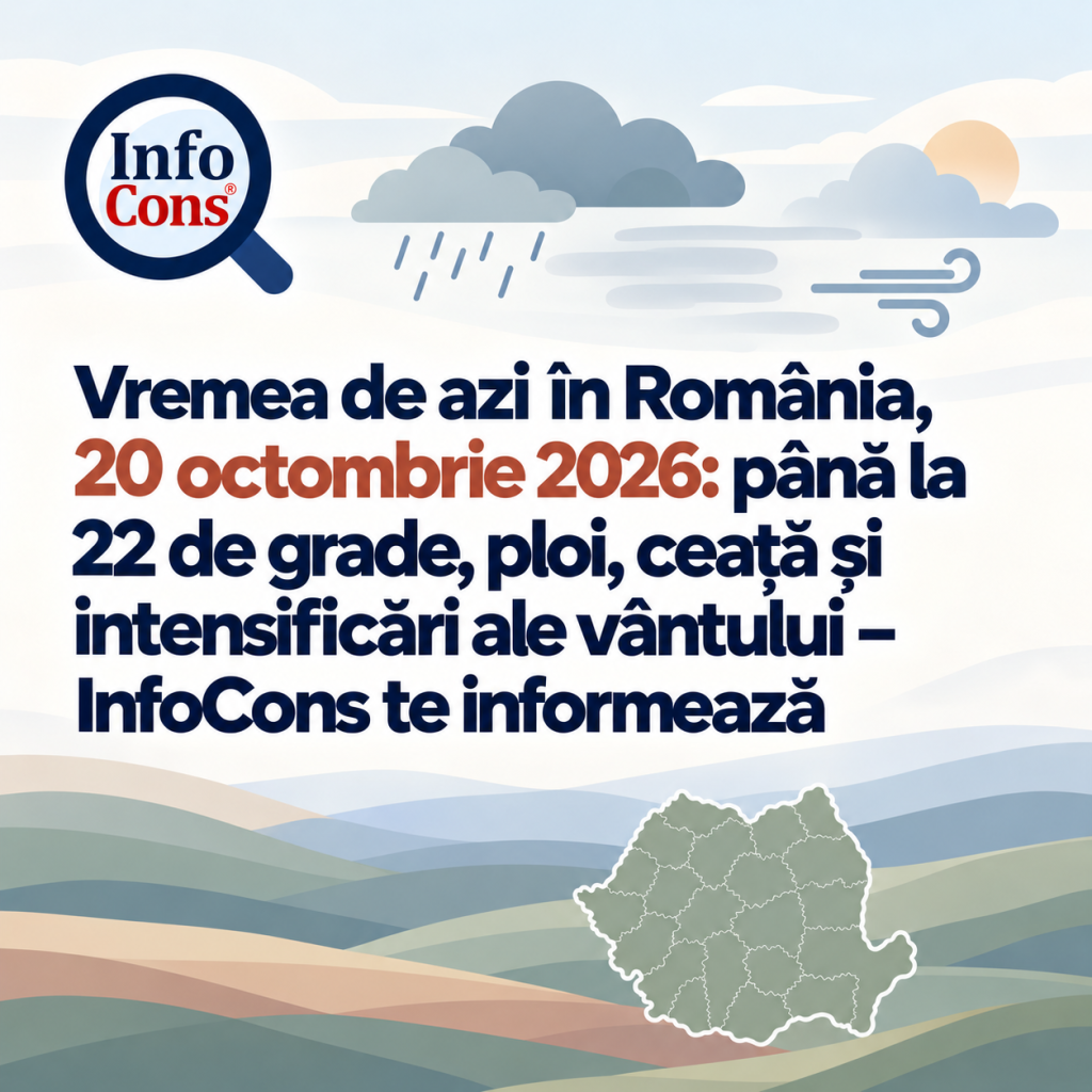 Vremea de azi &icirc;n Rom&acirc;nia , 20 octombrie 2026 : p&acirc;nă la 22 de grade, ploi, ceață și intensificări ale v&acirc;ntului &ndash; InfoCons te informează