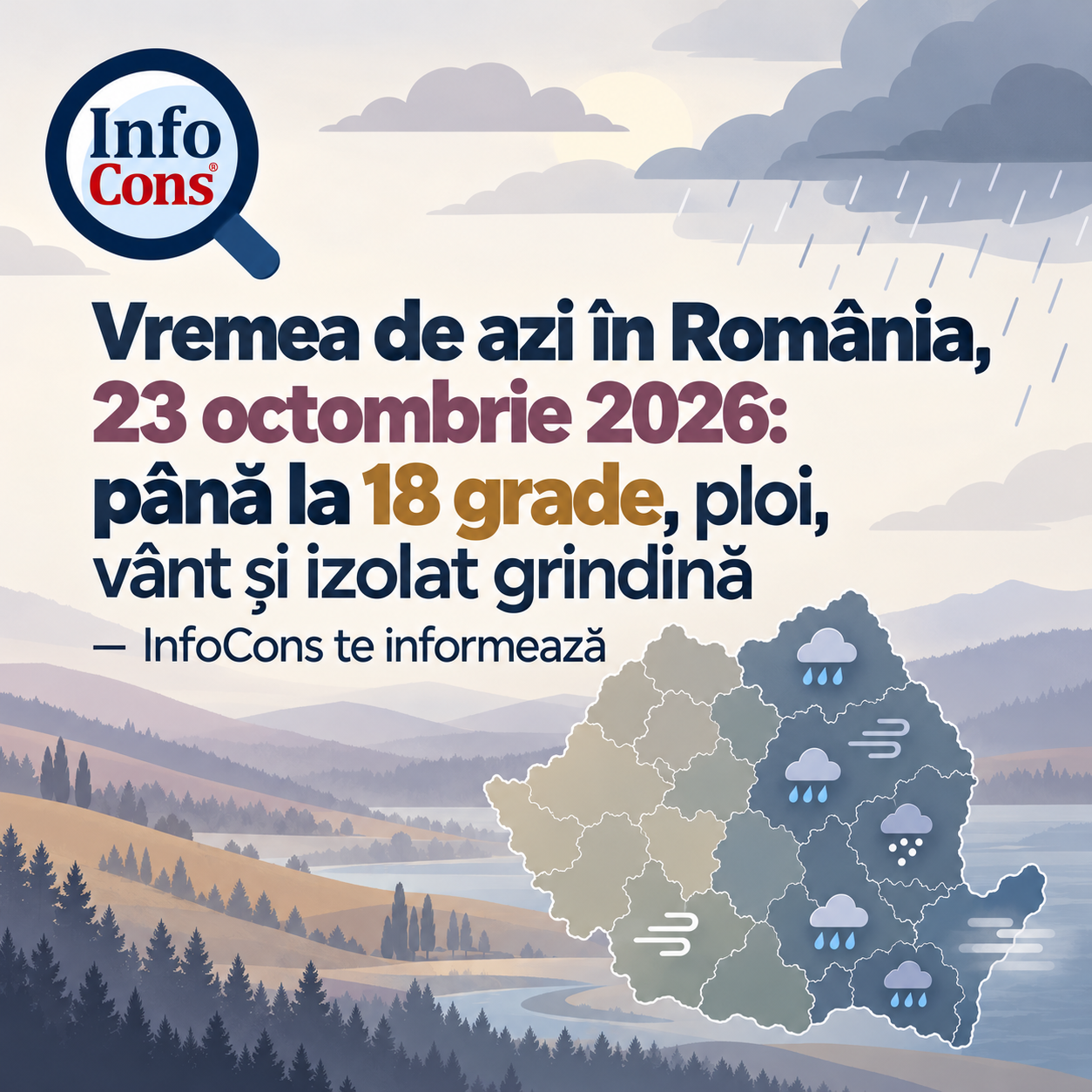 Vremea de azi în România, 23 octombrie 2026 până la 18 grade, ploi, vânt și izolat grindină – InfoCons te informează