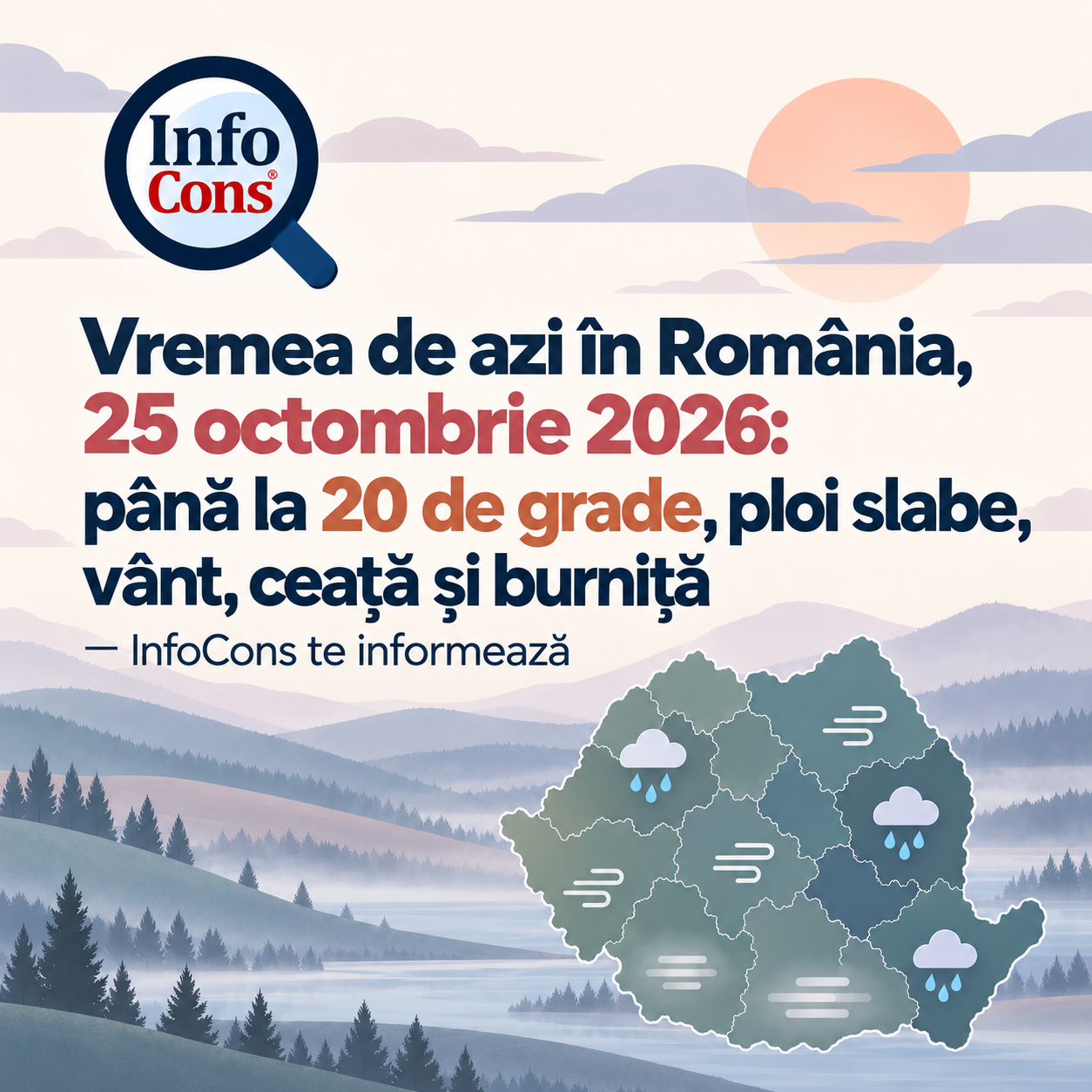 Vremea de azi în România , 25 octombrie 2026 : până la 20 de grade, ploi slabe, vânt, ceață și burniță – InfoCons te informează