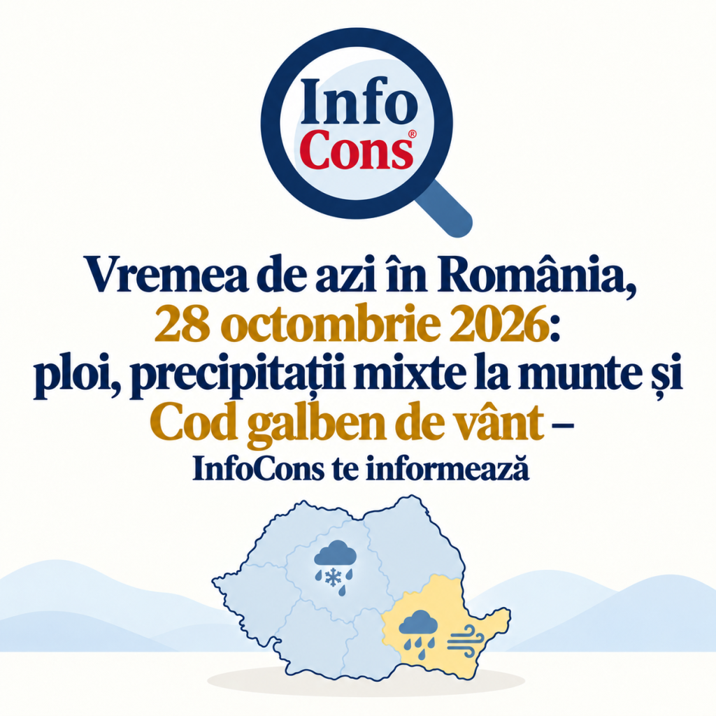 Vremea de azi în România , 28 octombrie 2026 ploi, precipitații mixte la munte și Cod galben de vânt – InfoCons te informează