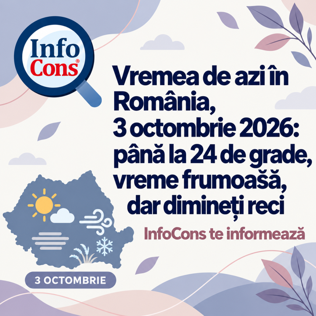 Vremea de azi &icirc;n Rom&acirc;nia , 3 octombrie 2026 p&acirc;nă la 24 de grade, vreme frumoasă, dar dimineți reci &ndash; InfoCons te informează