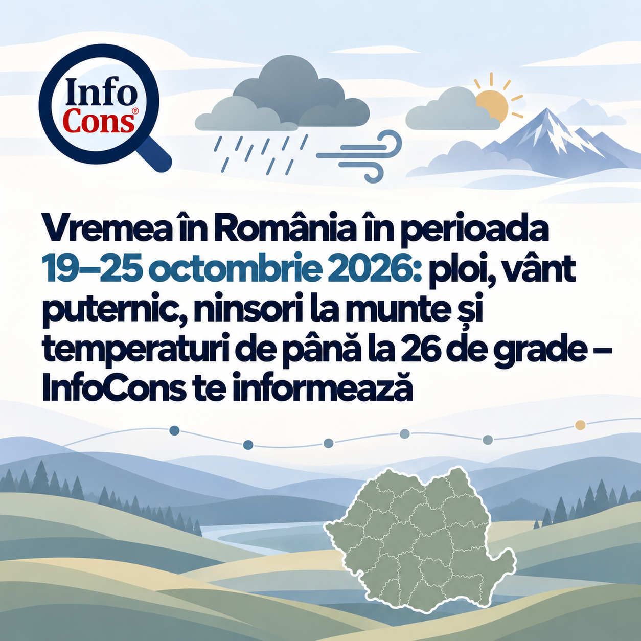Vremea în România în perioada 19 – 25 octombrie 2026 ploi, vânt puternic, ninsori la munte și temperaturi de până la 26 de grade – InfoCons te informează